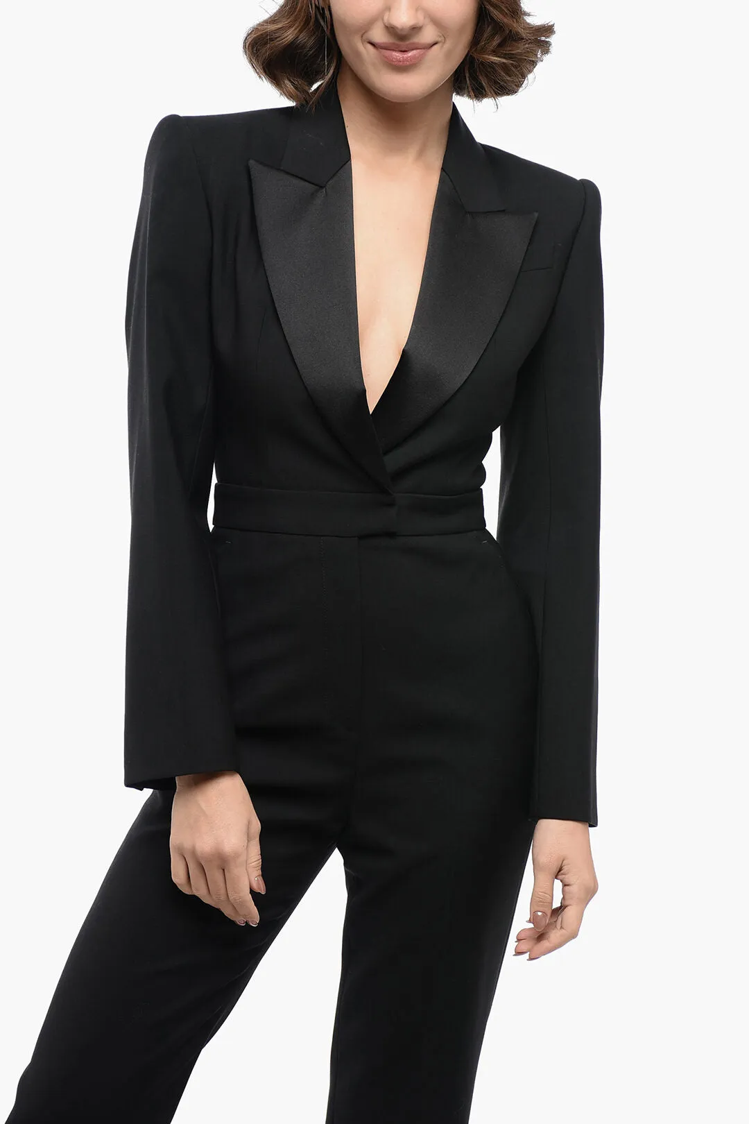 Alexander McQueen Wool Jumpsuit with Satin Peak Lapel