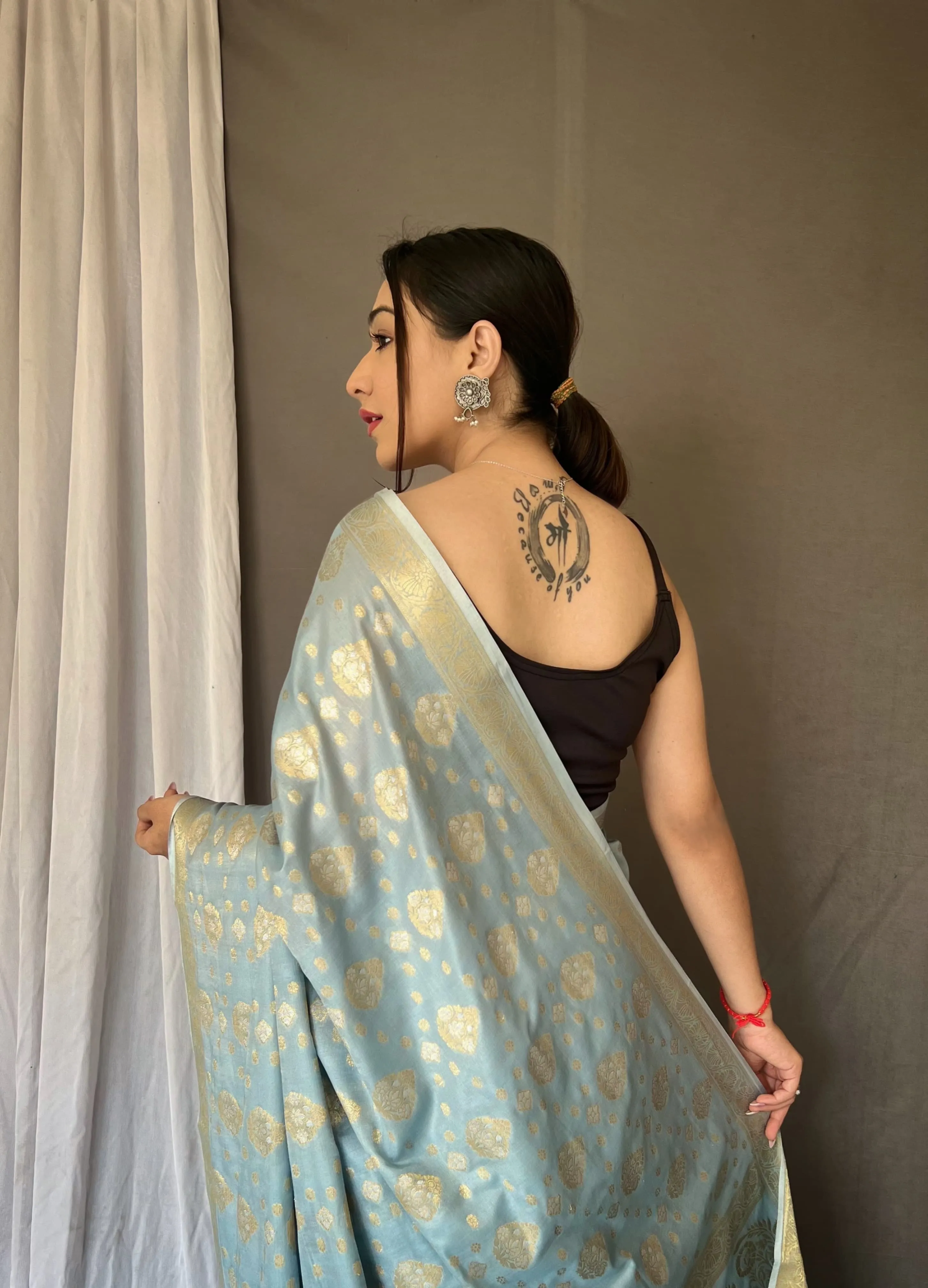 Beautiful Designer Party Wear Light Blue Soft Muslin Silk Saree