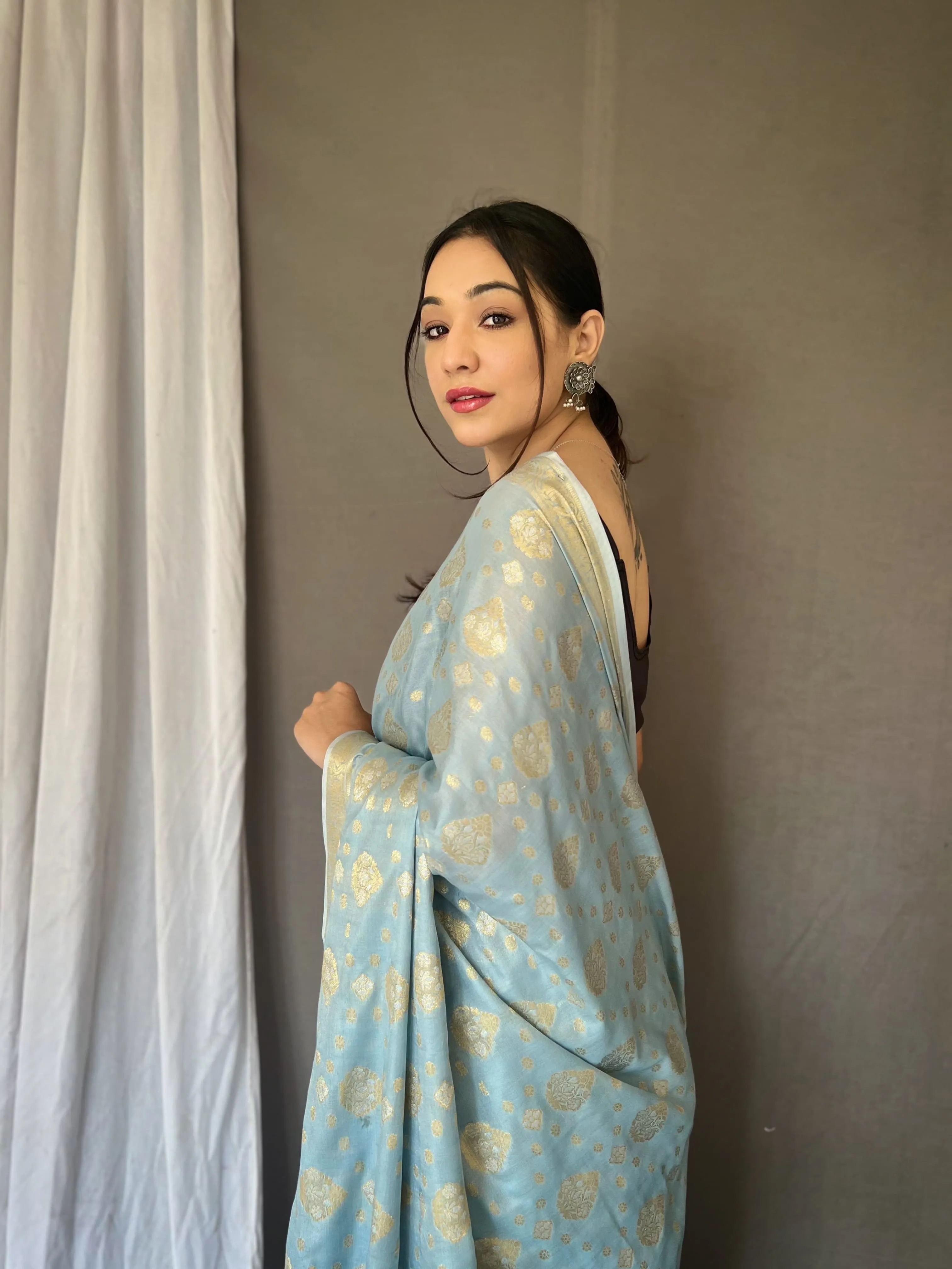 Beautiful Designer Party Wear Light Blue Soft Muslin Silk Saree