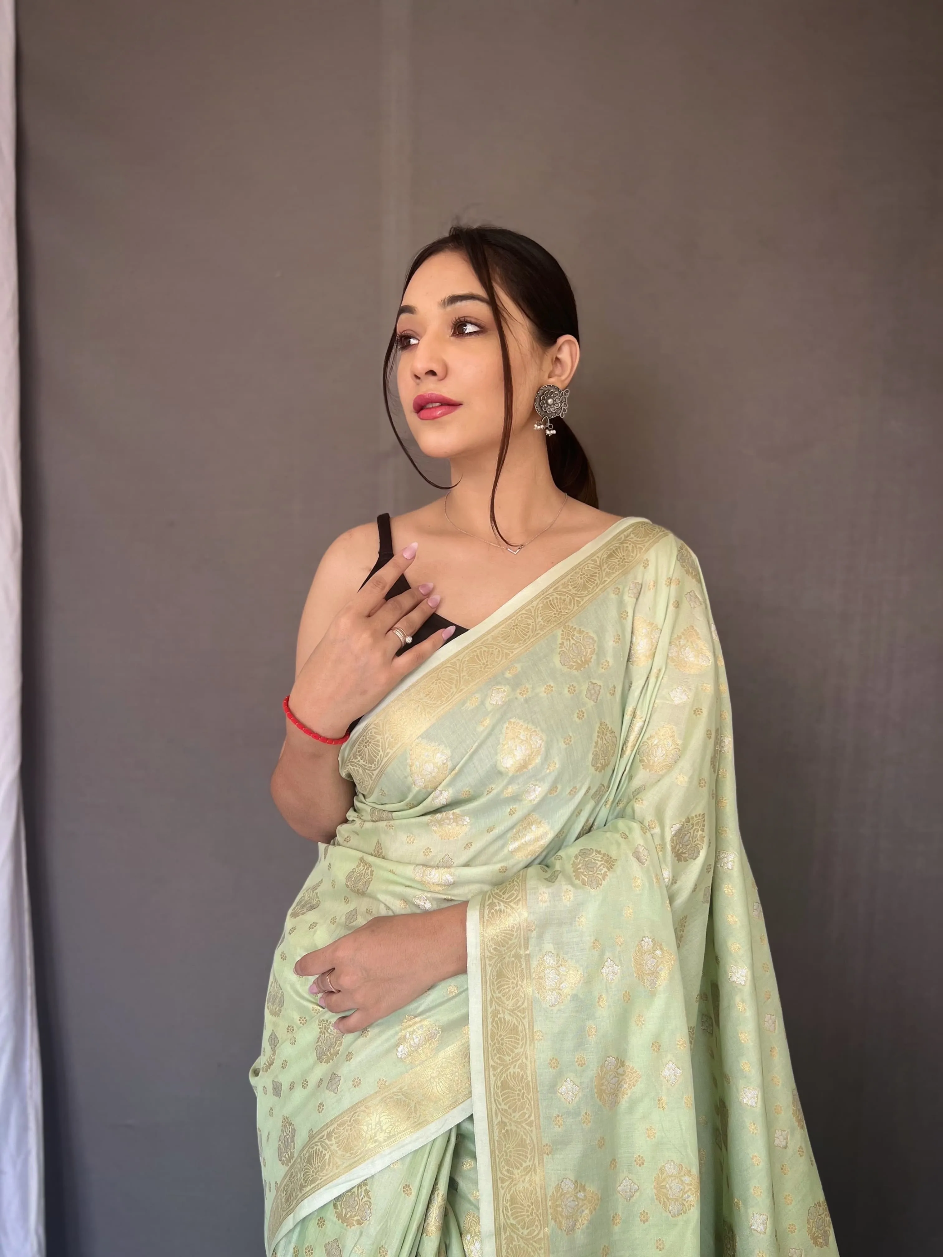 Beautiful Designer Party Wear Pista Soft Muslin Silk Saree