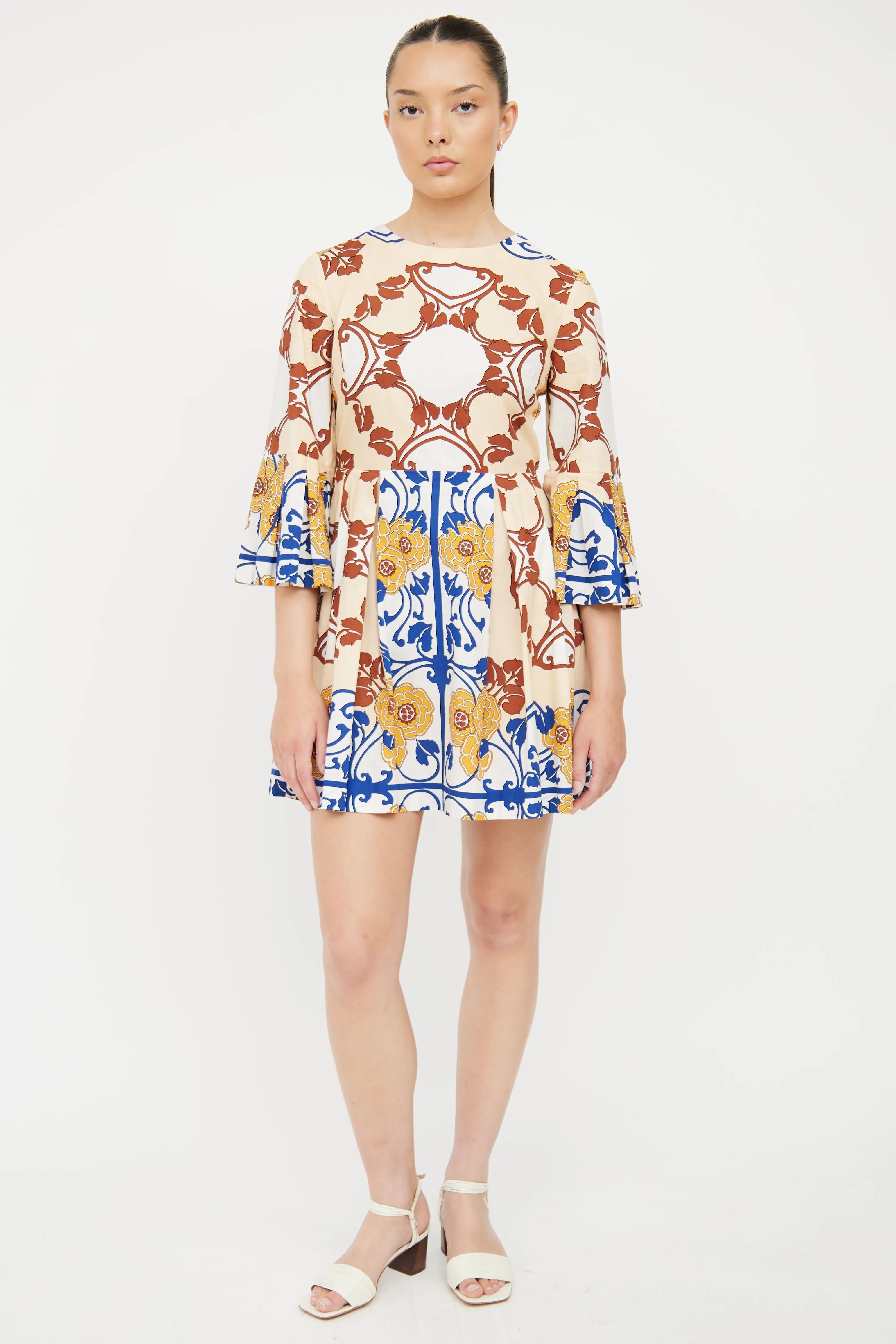 Beige & Multi Cotton Bell Sleeve Dress