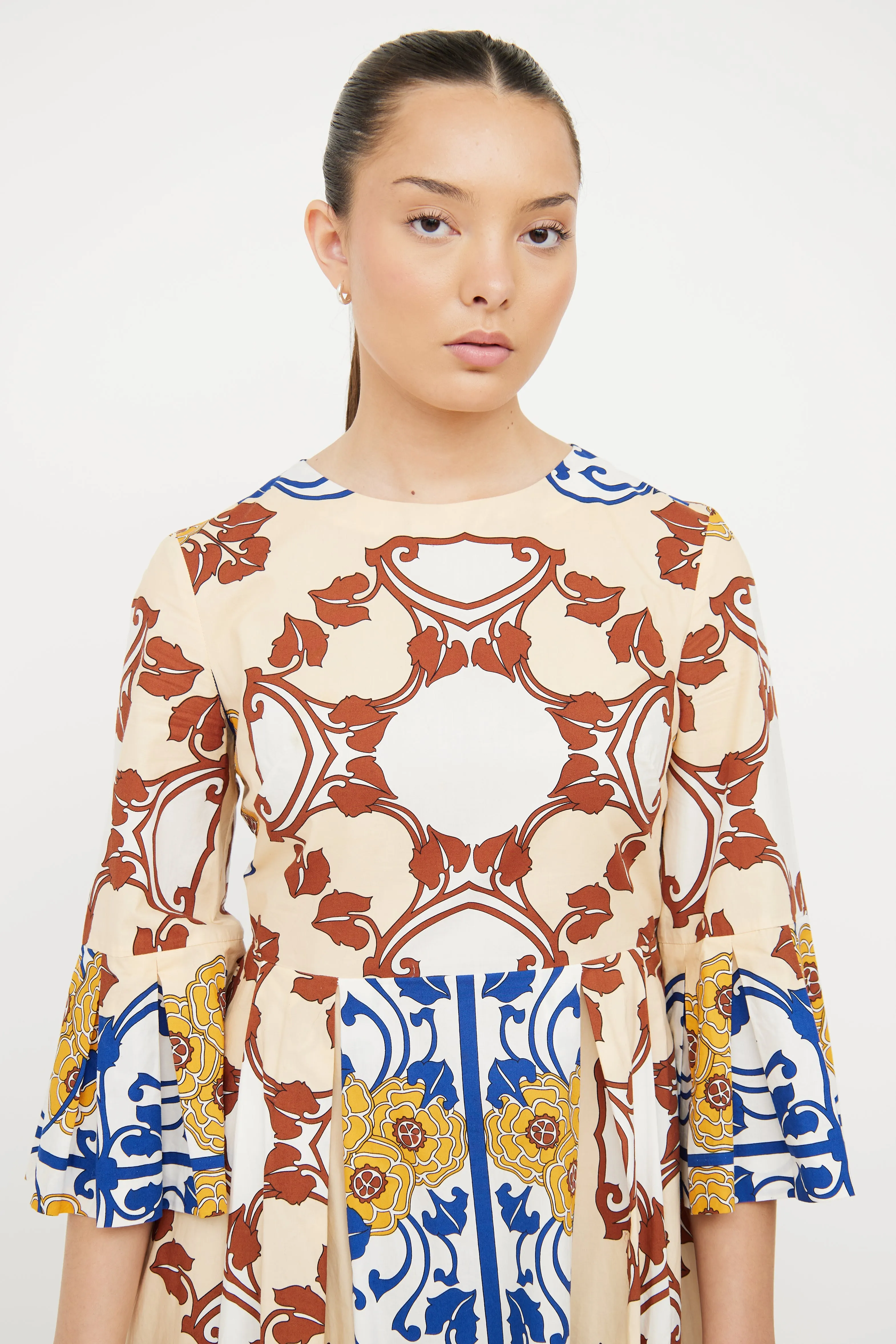 Beige & Multi Cotton Bell Sleeve Dress
