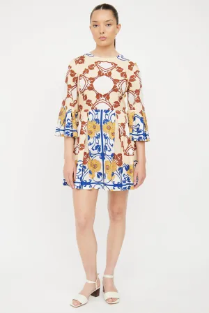 Beige & Multi Cotton Bell Sleeve Dress