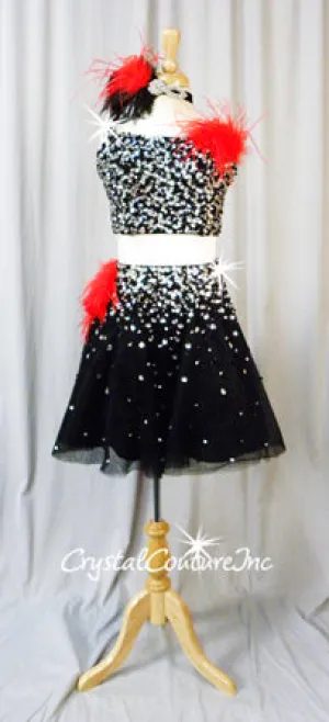 Black 2 Piece Crop Top and Full Skirt with Beading, Sequins and Acrylic Shapes