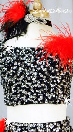 Black 2 Piece Crop Top and Full Skirt with Beading, Sequins and Acrylic Shapes
