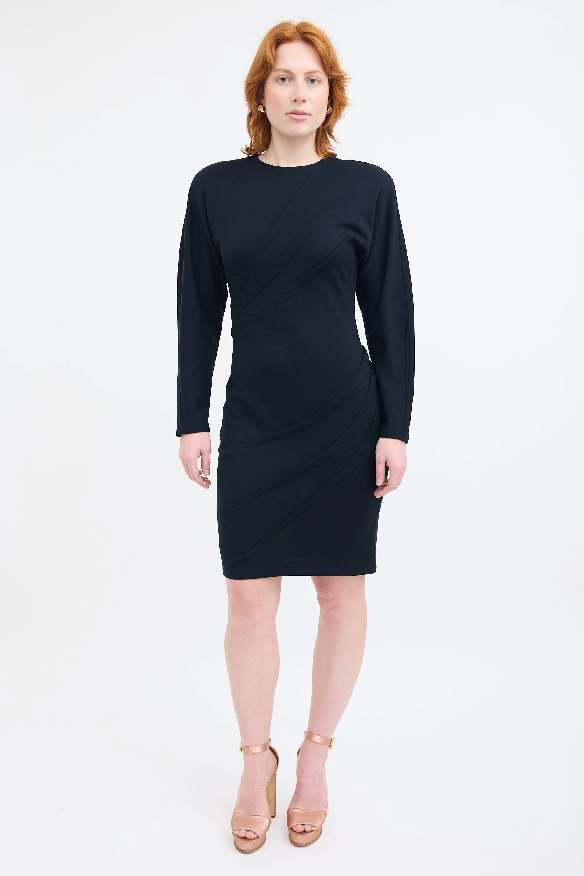 Black Wool Diagonal Pleat Dress