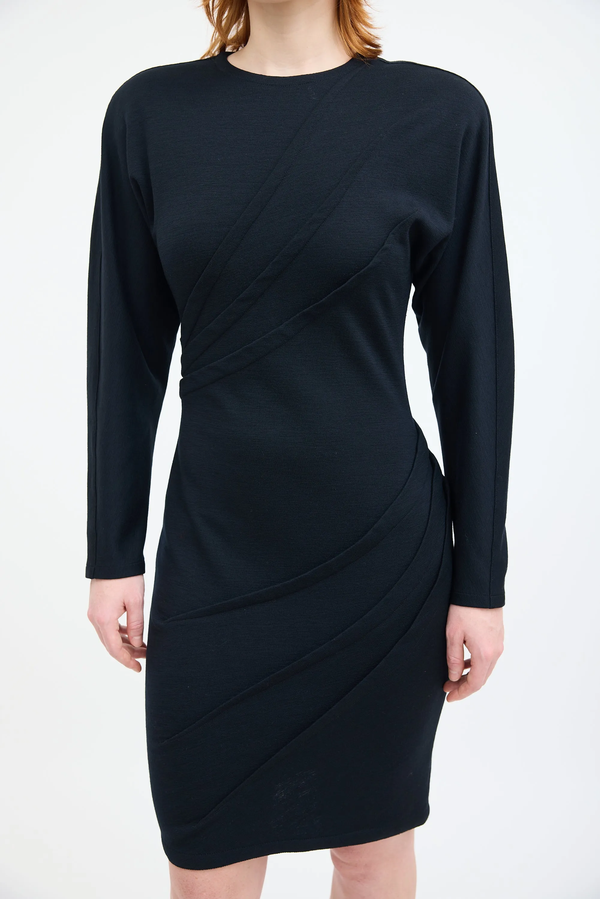 Black Wool Diagonal Pleat Dress