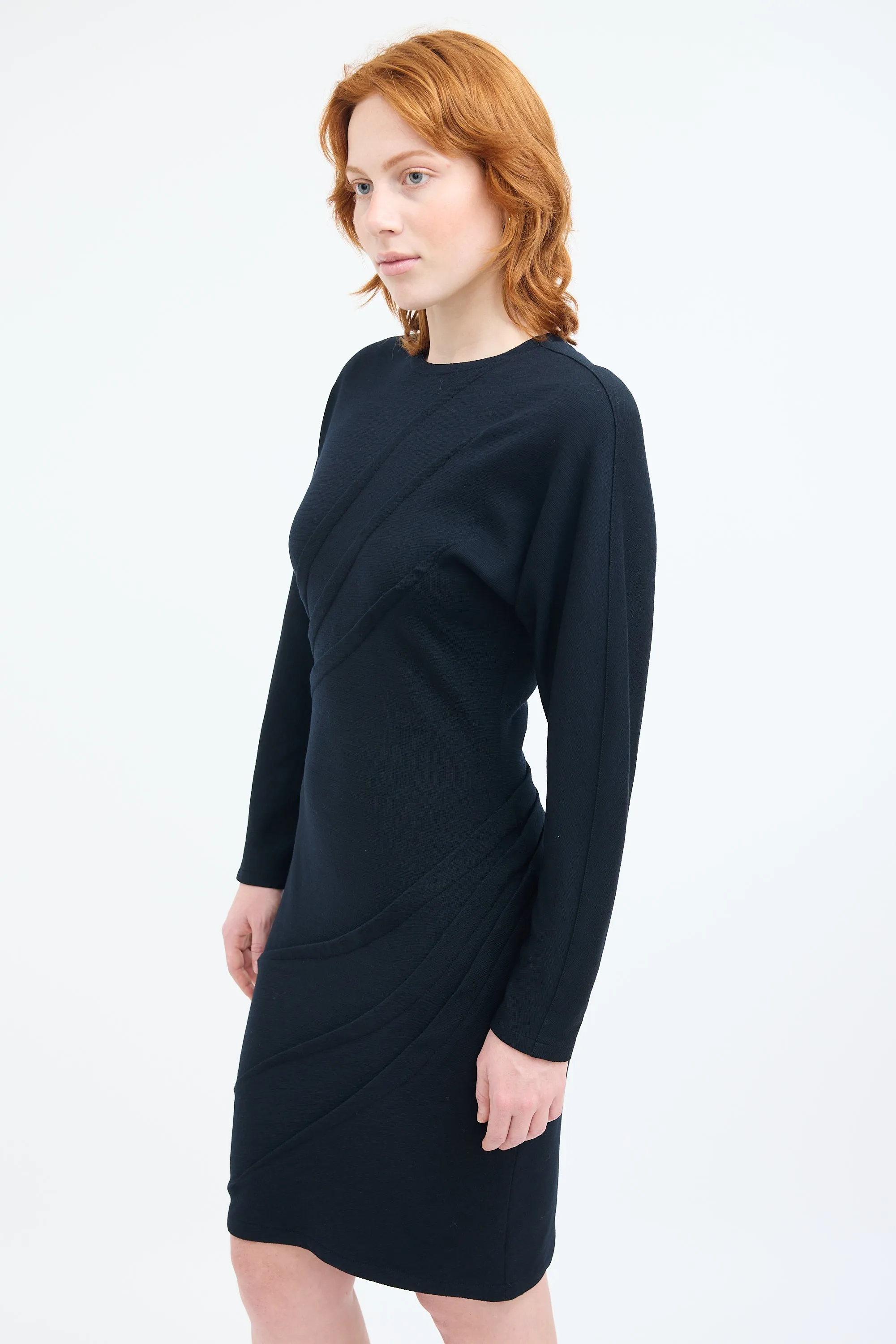 Black Wool Diagonal Pleat Dress