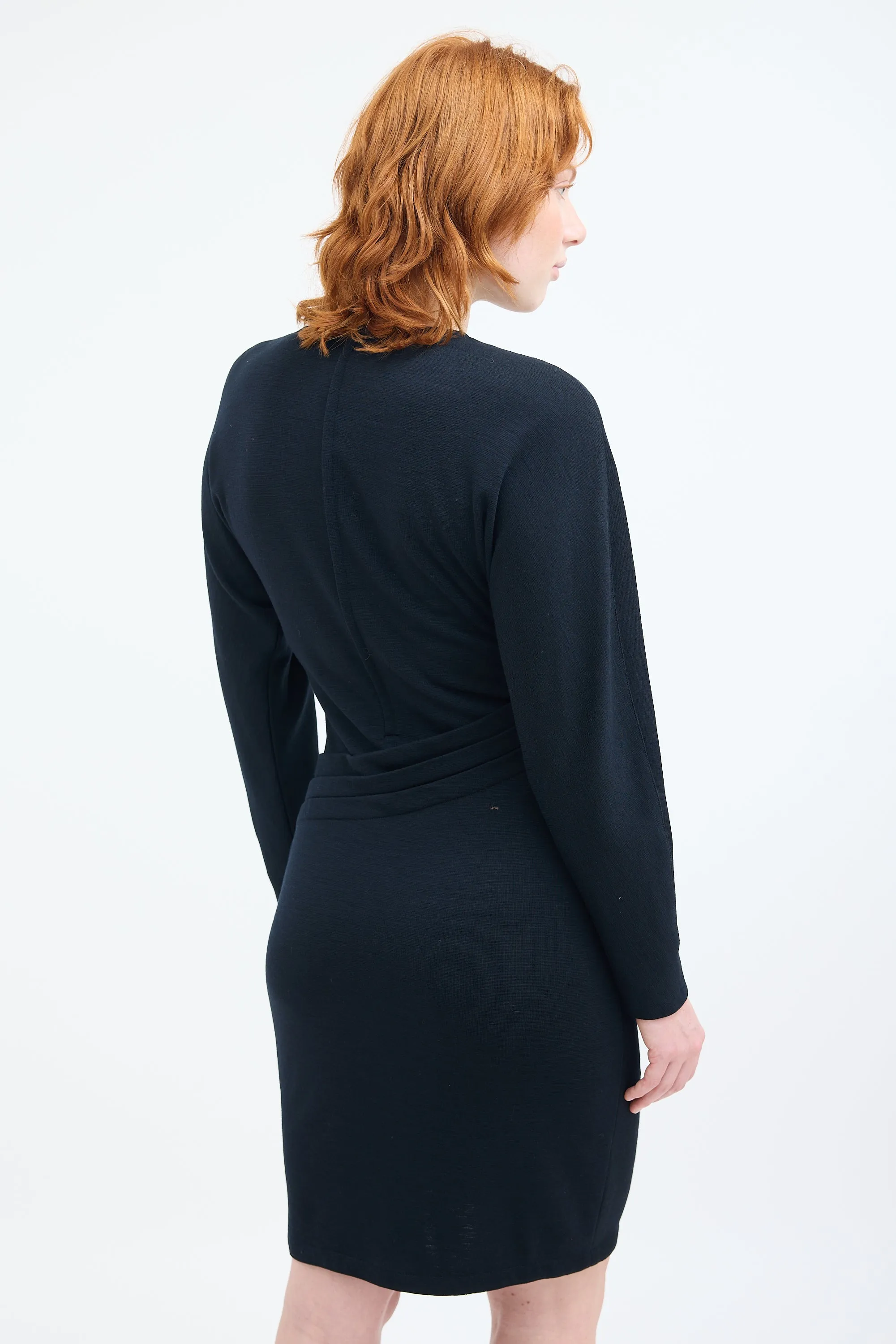 Black Wool Diagonal Pleat Dress