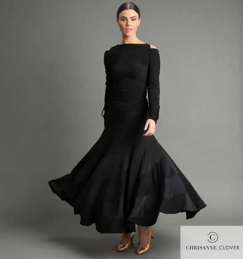 Chrisanne Clover LUNA Long Black Ballroom Practice Skirt with Spiral Panels PRA 1057 in Stock