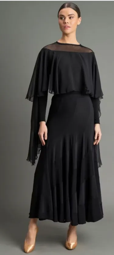 Chrisanne Clover LUNA Long Black Ballroom Practice Skirt with Spiral Panels PRA 1057 in Stock