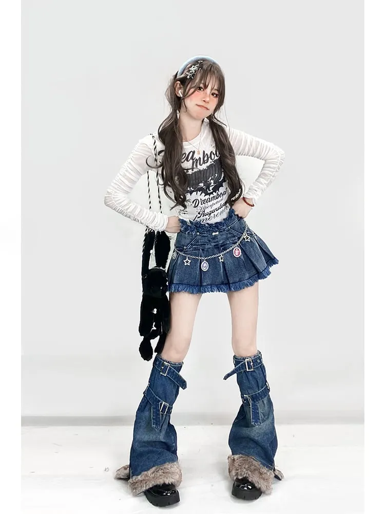 Dark Blue Distress Trim Box Pleat Denim Glamorous Skirt