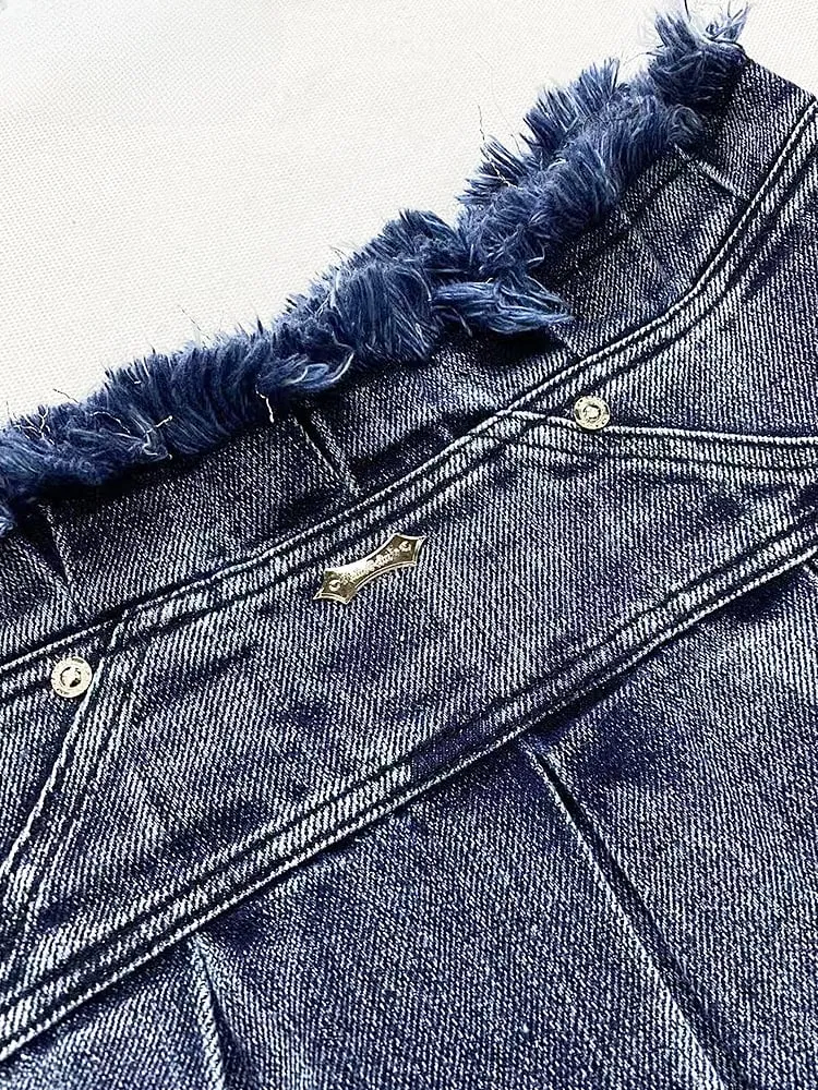 Dark Blue Distress Trim Box Pleat Denim Glamorous Skirt