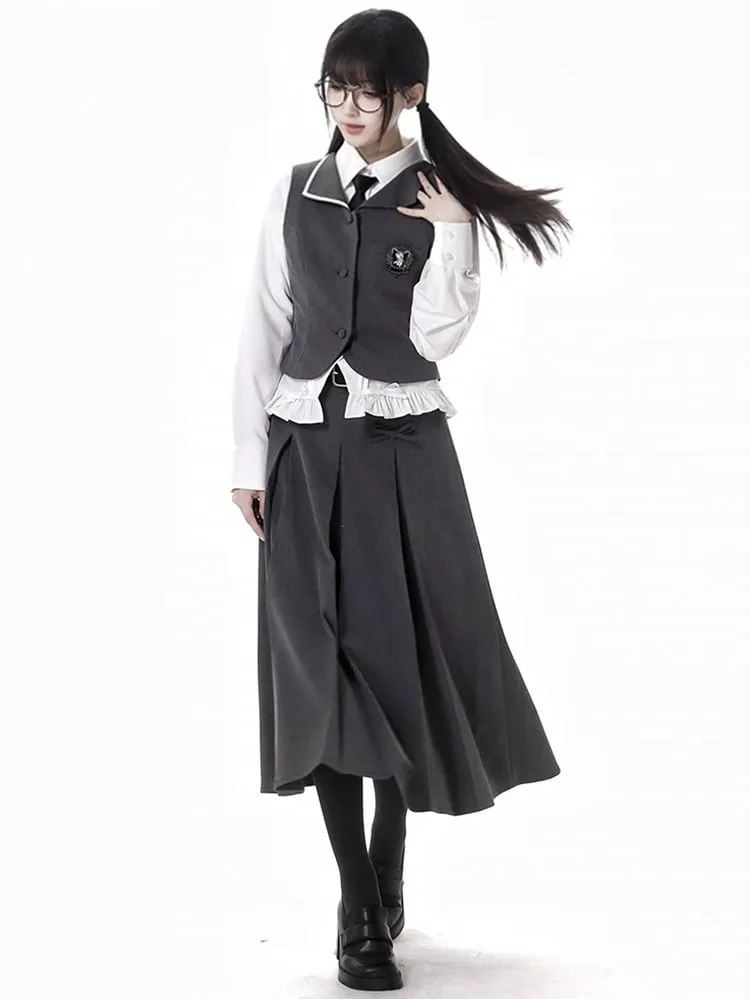Dark Grey Bowknot Lace Trim Box Pleat Long Skirt With A Buckle Belt