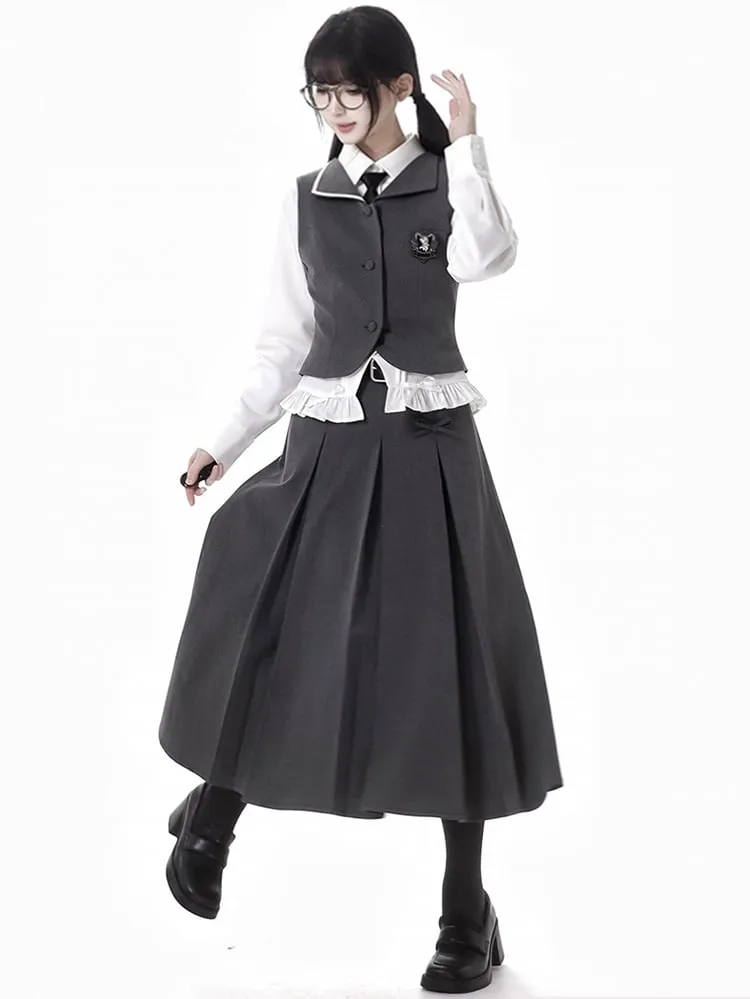 Dark Grey Bowknot Lace Trim Box Pleat Long Skirt With A Buckle Belt
