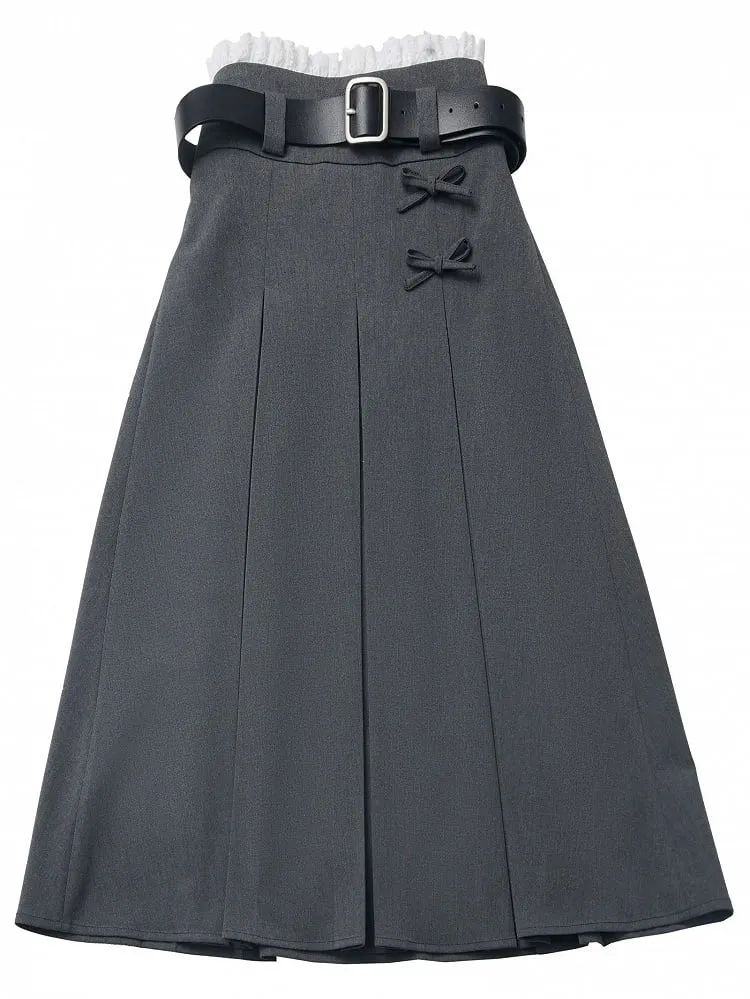 Dark Grey Bowknot Lace Trim Box Pleat Long Skirt With A Buckle Belt