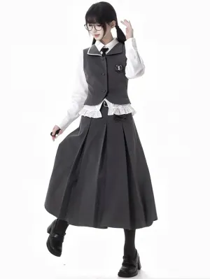 Dark Grey Bowknot Lace Trim Box Pleat Long Skirt With A Buckle Belt