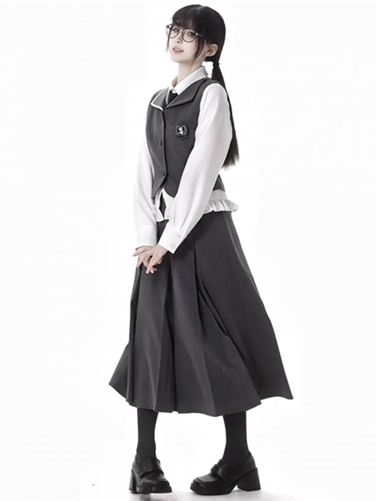Dark Grey Bowknot Lace Trim Box Pleat Long Skirt With A Buckle Belt