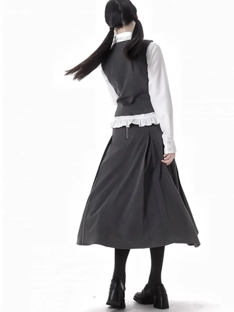 Dark Grey Bowknot Lace Trim Box Pleat Long Skirt With A Buckle Belt