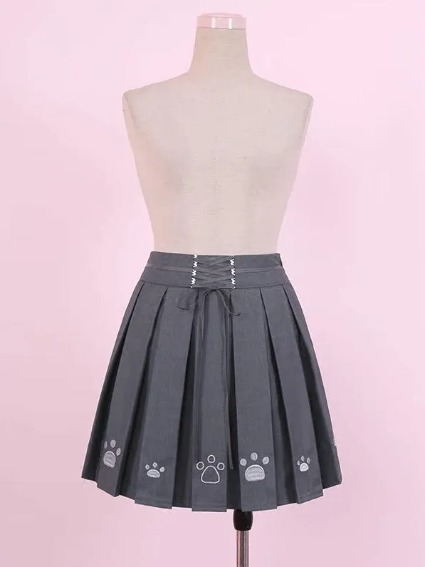 Dark Grey Paws Embroidery Box Pleat Skirt