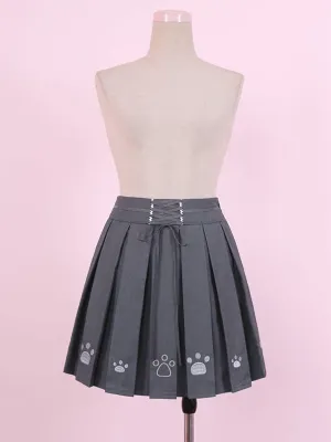 Dark Grey Paws Embroidery Box Pleat Skirt