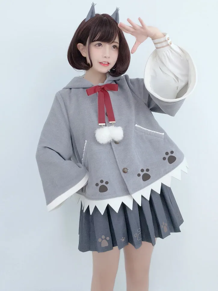 Dark Grey Paws Embroidery Box Pleat Skirt