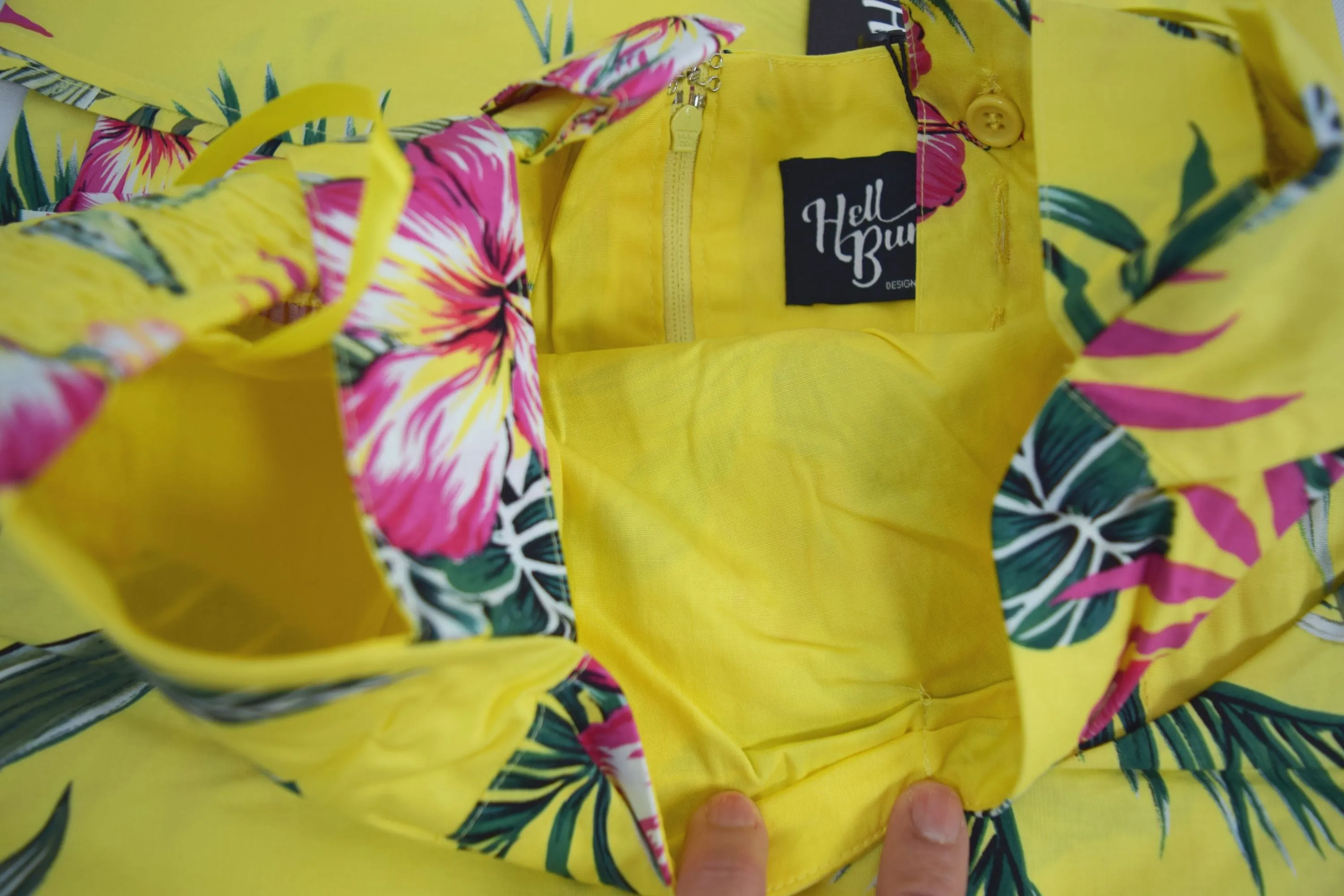Hell Bunny Tropical Vacation Hawaiian Flower Print Yellow Summer Dress