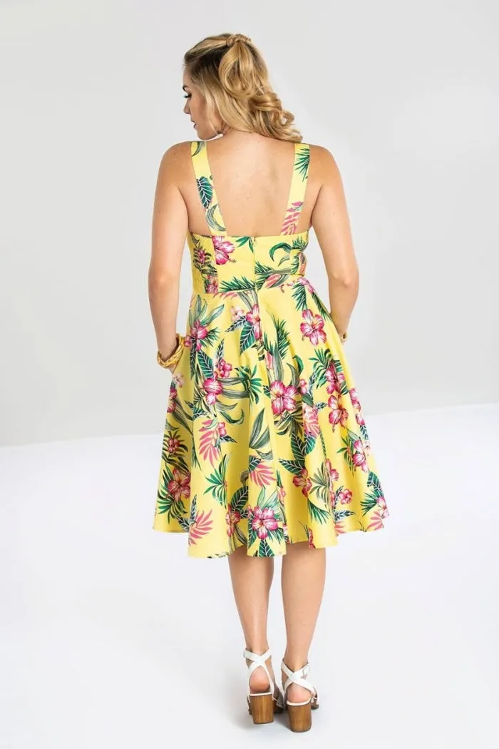 Hell Bunny Tropical Vacation Hawaiian Flower Print Yellow Summer Dress