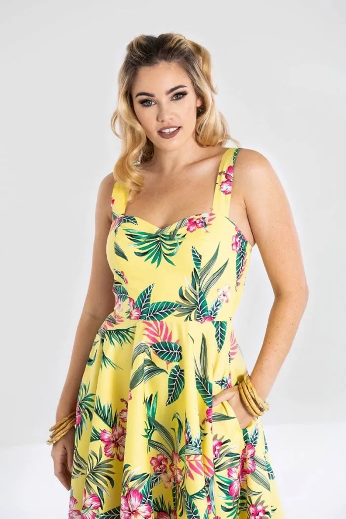 Hell Bunny Tropical Vacation Hawaiian Flower Print Yellow Summer Dress