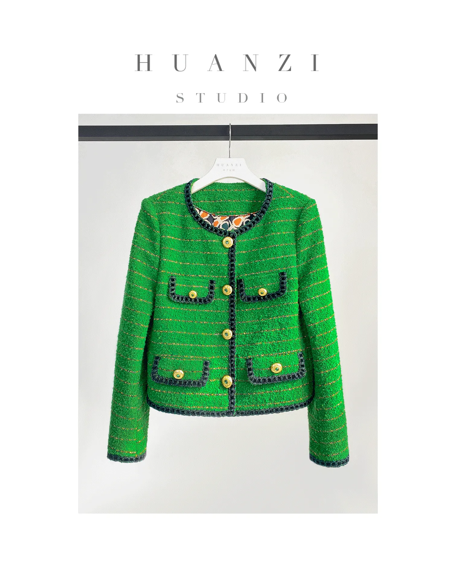 Huanzi  tweed wool small suit autumn and winter new green short coat suit set- Lilibeth