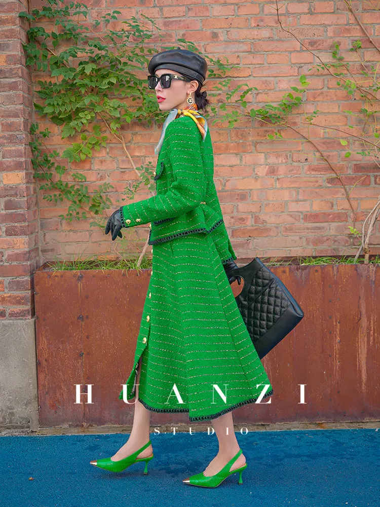 Huanzi  tweed wool small suit autumn and winter new green short coat suit set- Lilibeth