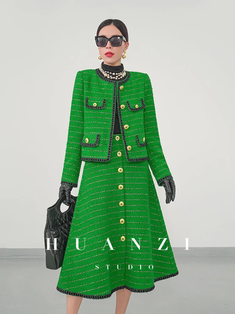 Huanzi  tweed wool small suit autumn and winter new green short coat suit set- Lilibeth