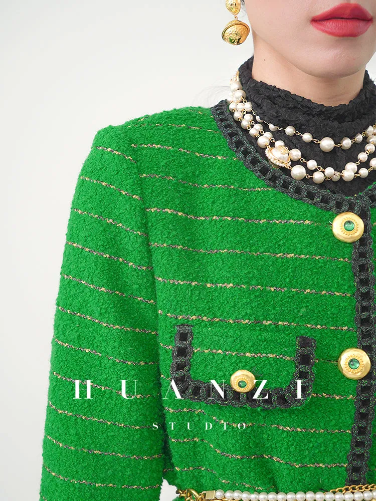 Huanzi  tweed wool small suit autumn and winter new green short coat suit set- Lilibeth