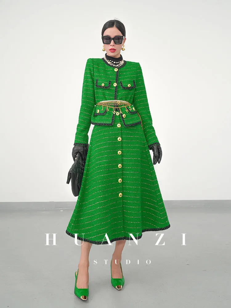 Huanzi  tweed wool small suit autumn and winter new green short coat suit set- Lilibeth