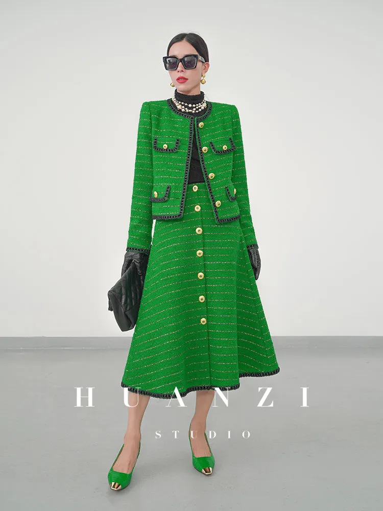 Huanzi  tweed wool small suit autumn and winter new green short coat suit set- Lilibeth