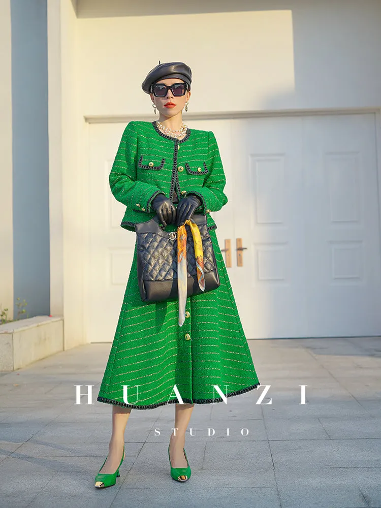 Huanzi  tweed wool small suit autumn and winter new green short coat suit set- Lilibeth