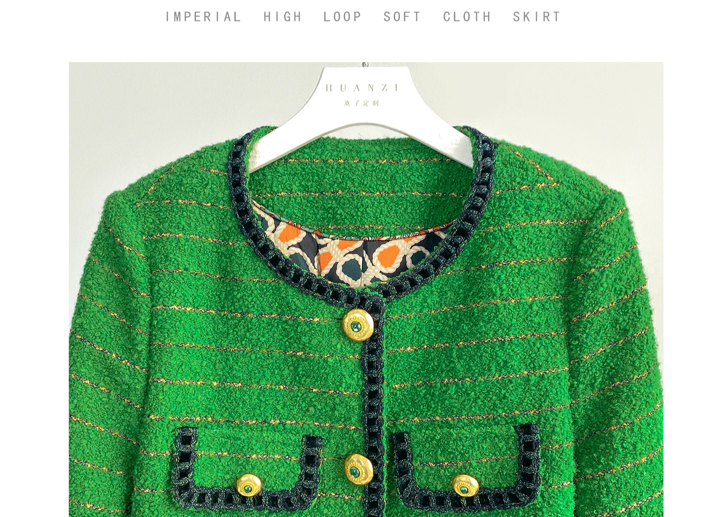 Huanzi  tweed wool small suit autumn and winter new green short coat suit set- Lilibeth