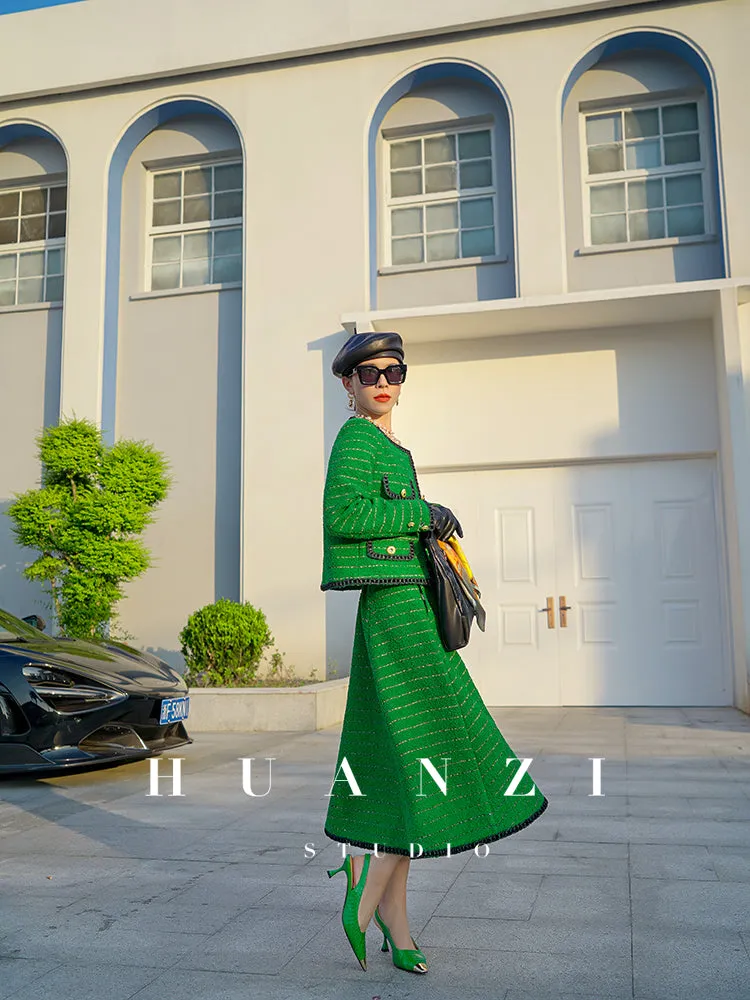 Huanzi  tweed wool small suit autumn and winter new green short coat suit set- Lilibeth