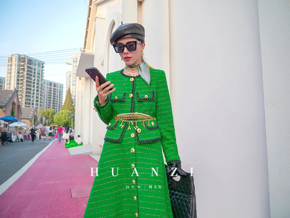 Huanzi  tweed wool small suit autumn and winter new green short coat suit set- Lilibeth