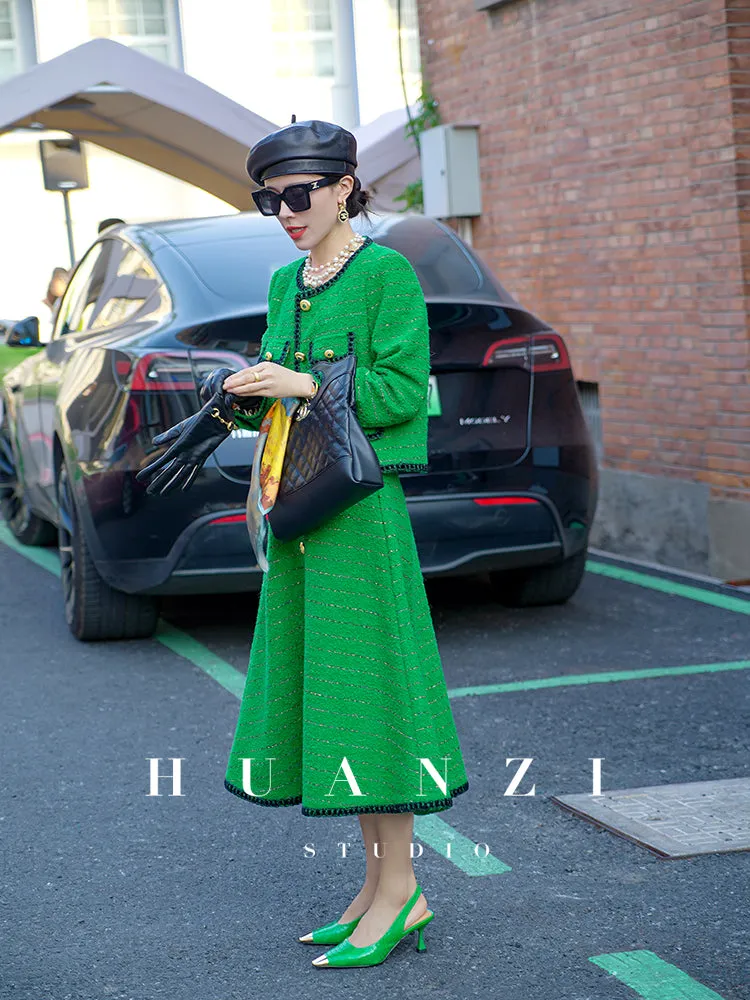 Huanzi  tweed wool small suit autumn and winter new green short coat suit set- Lilibeth