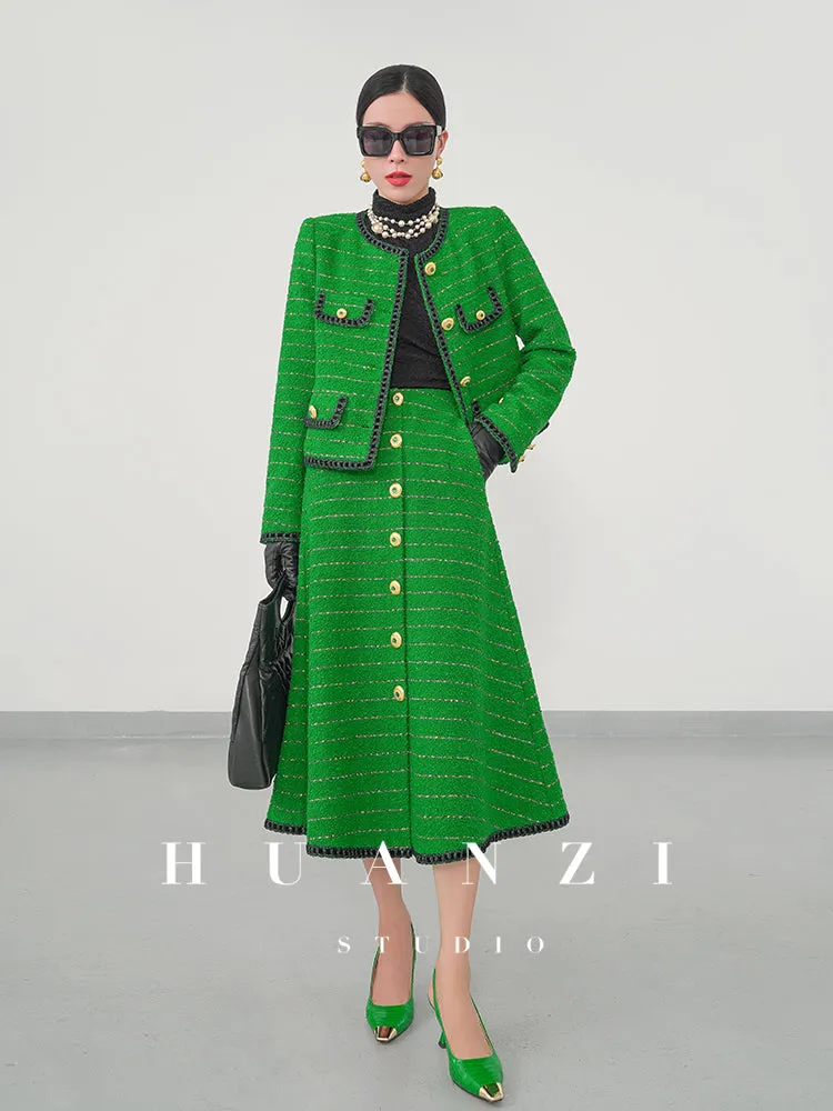 Huanzi  tweed wool small suit autumn and winter new green short coat suit set- Lilibeth