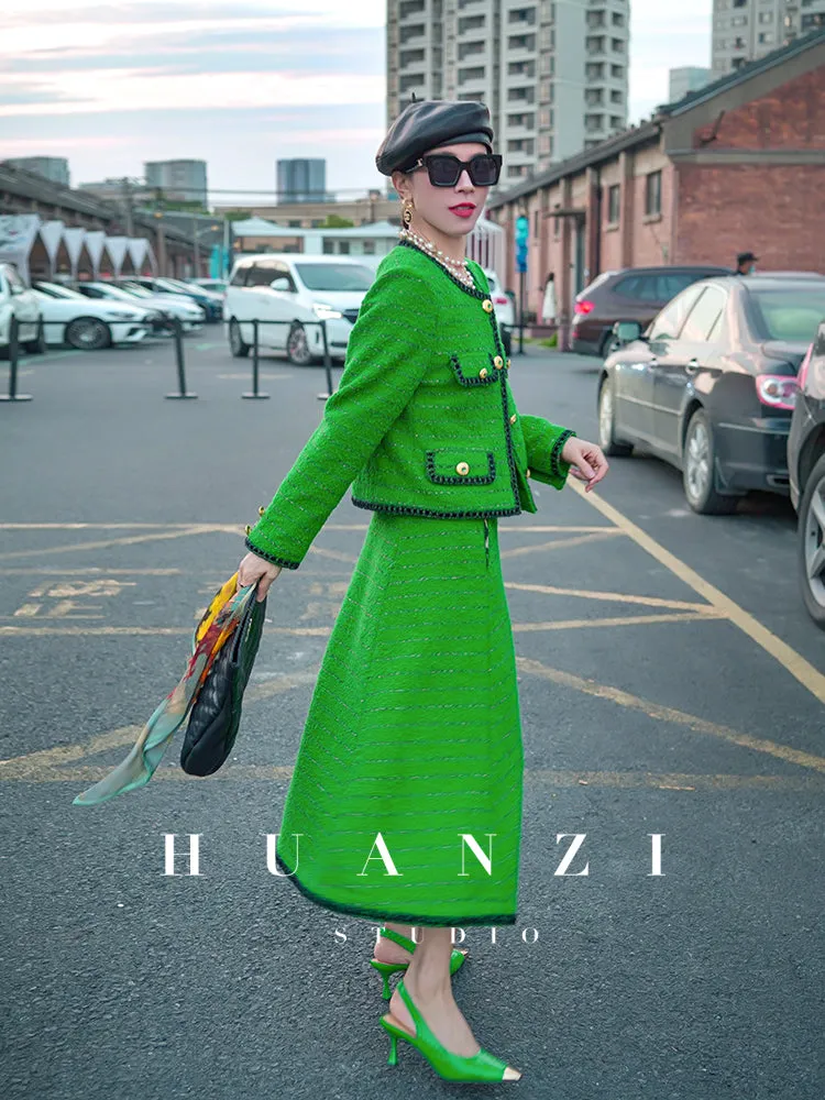 Huanzi  tweed wool small suit autumn and winter new green short coat suit set- Lilibeth