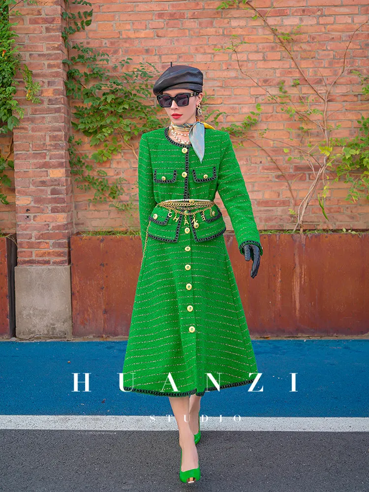 Huanzi  tweed wool small suit autumn and winter new green short coat suit set- Lilibeth