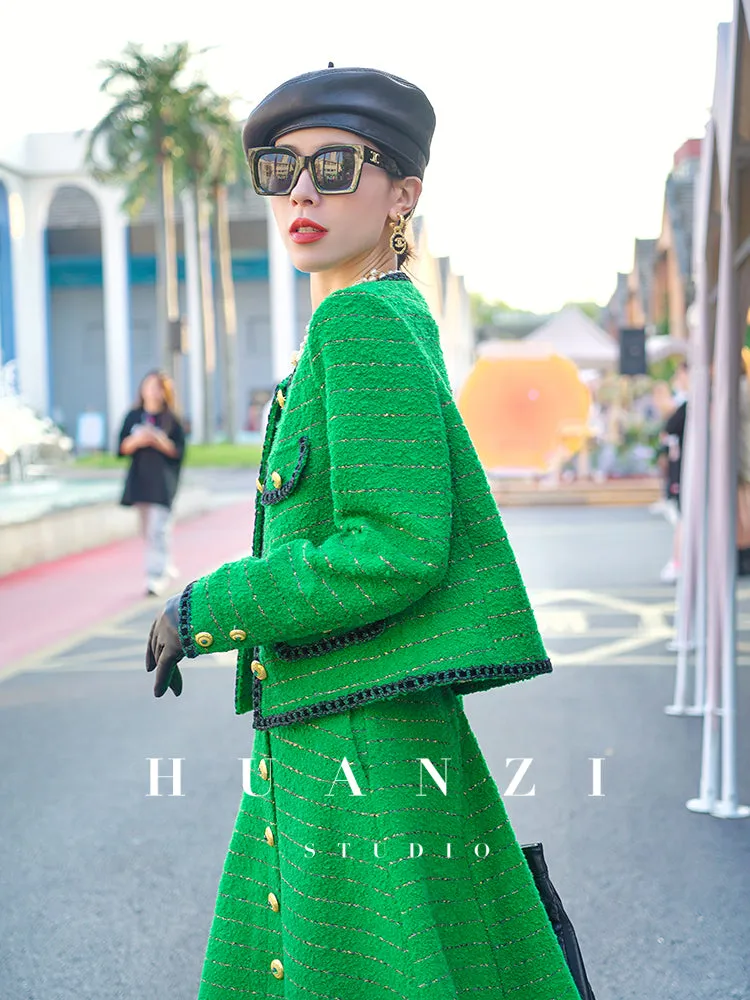 Huanzi  tweed wool small suit autumn and winter new green short coat suit set- Lilibeth