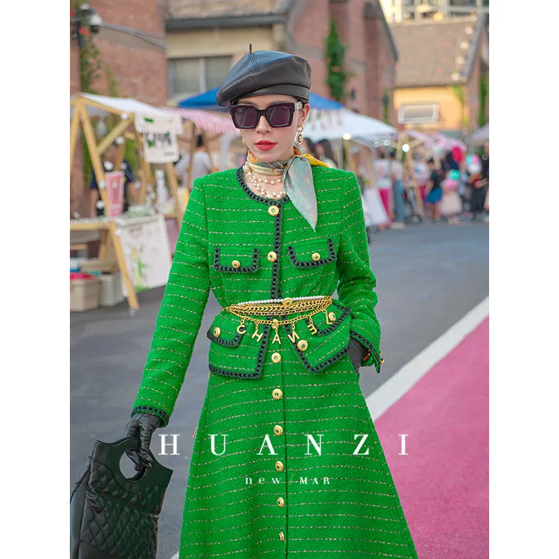 Huanzi  tweed wool small suit autumn and winter new green short coat suit set- Lilibeth