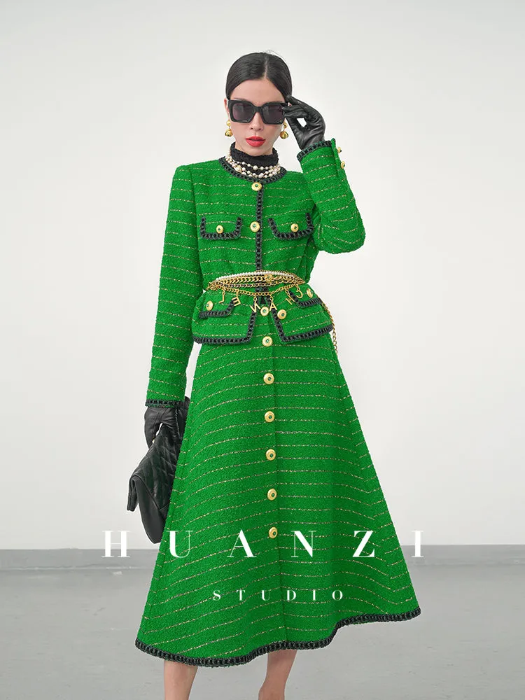 Huanzi  tweed wool small suit autumn and winter new green short coat suit set- Lilibeth
