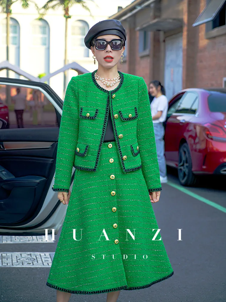 Huanzi  tweed wool small suit autumn and winter new green short coat suit set- Lilibeth