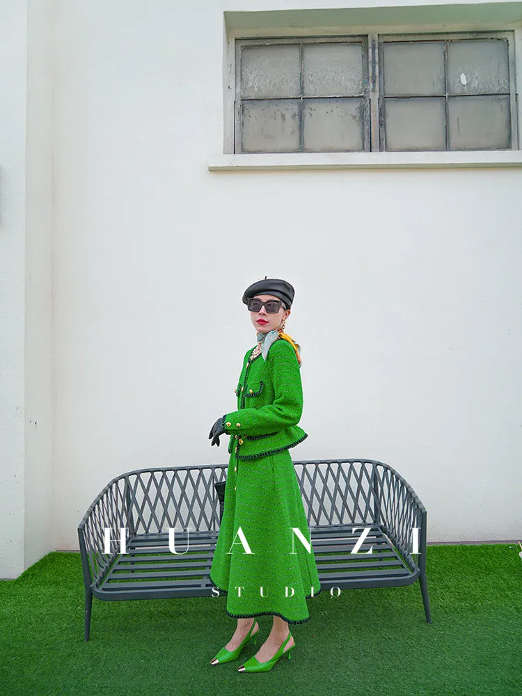 Huanzi  tweed wool small suit autumn and winter new green short coat suit set- Lilibeth