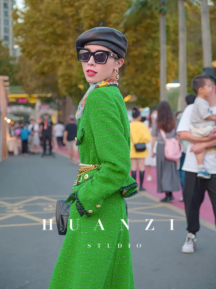Huanzi  tweed wool small suit autumn and winter new green short coat suit set- Lilibeth