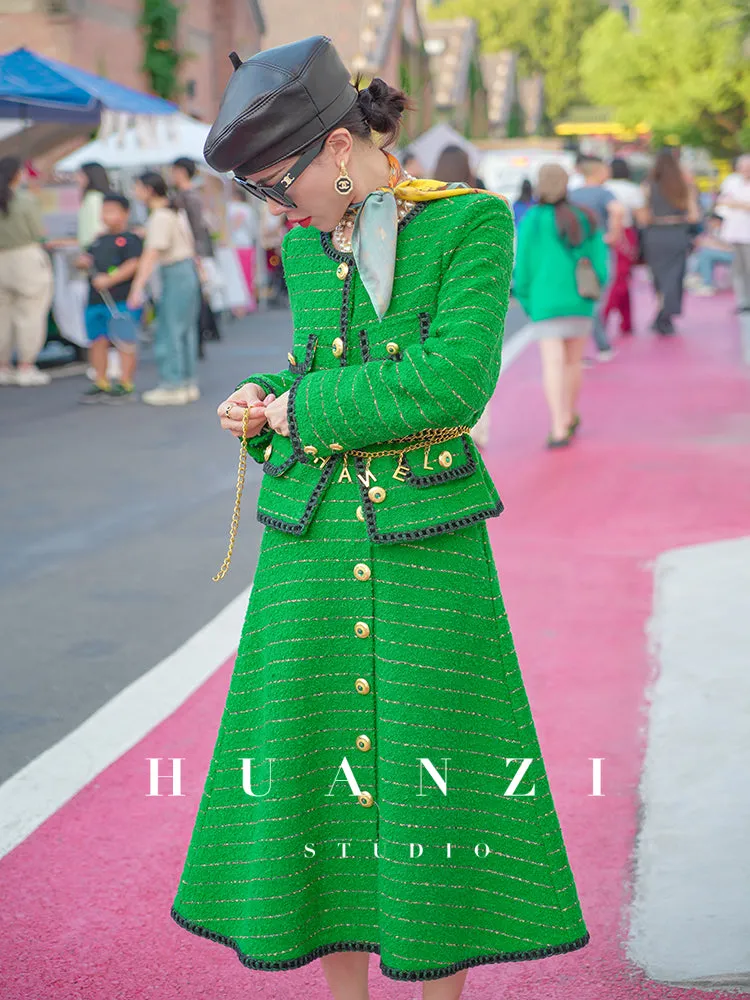 Huanzi  tweed wool small suit autumn and winter new green short coat suit set- Lilibeth